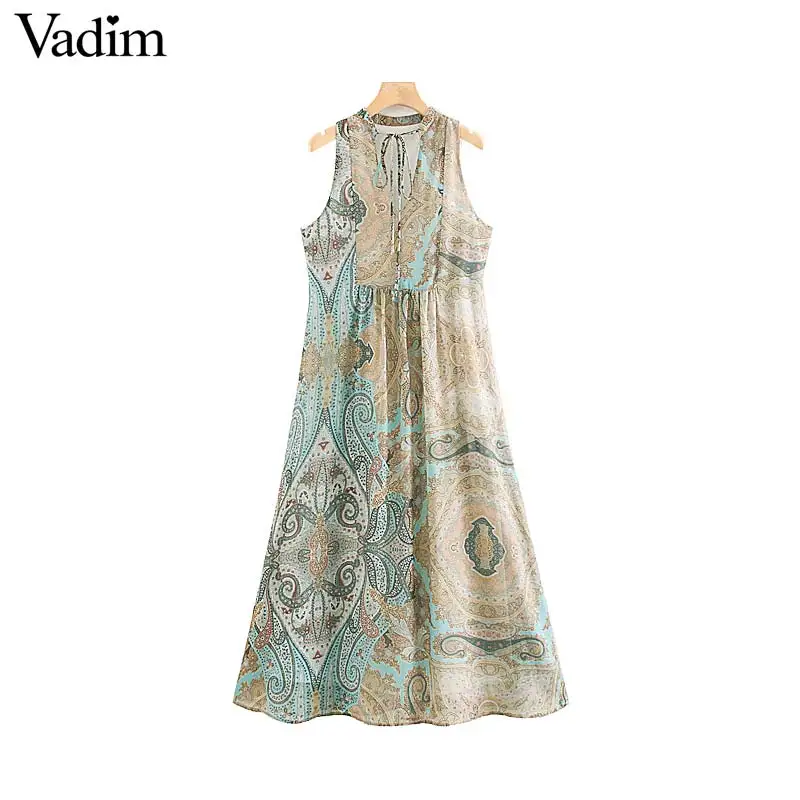 

Vadim women boho paisley print sleeveless chiffon maxi dress V neck bow tie collar female stylish ankle length dresses QC462