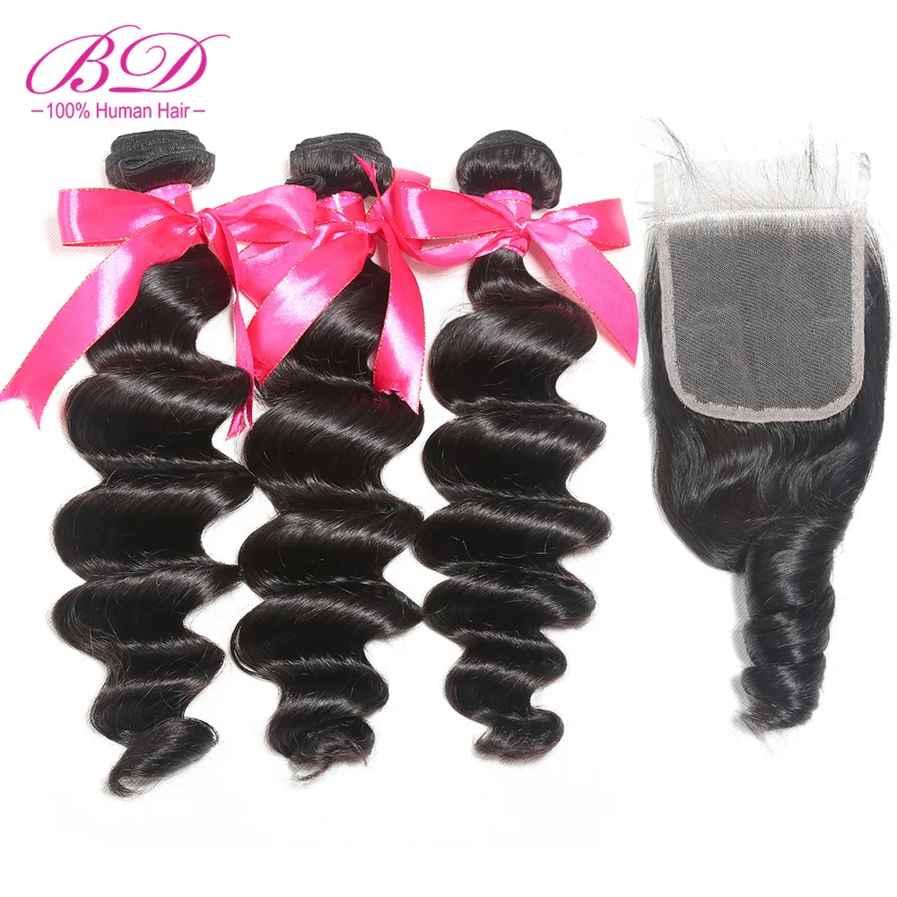 

BD HAIR Loose Wave Lace Closure With Human Hair Bundles 4pcs/lot Malaysian Hair Remy Human Hair Extensions Natural Color