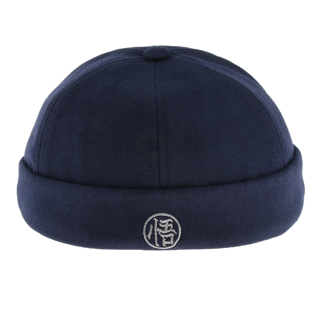 2 Pieces Mens Retro Docker Hat Wool Felt Brimless Beanie Cap Adjustable Navy Blue Red