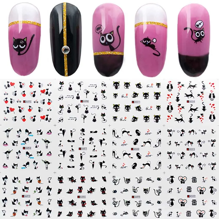 12 шт./компл. наклейки для ногтей наклейки для черная кошка узоры Водные Наклейки для ногтей маникюра, мультяшная Обёрточная бумага Стикеры маникюр с использованием водяных знаков инструменты ZJT3024