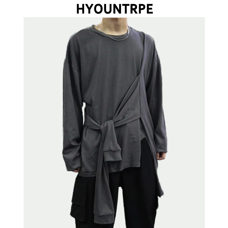 

High Street Irregular Lace Up Tshirts Mens Casual Loose Solid Color O-Neck Sweatshirts Autumn Design Hip Hop Hoodies Sweatshirts