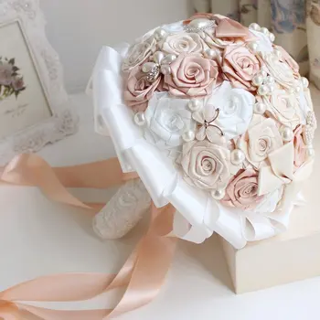 

Elegant Bling Pearl Wedding Bouquets Bridal Rose Flowers Artificial White Bride Brooch Bouquet