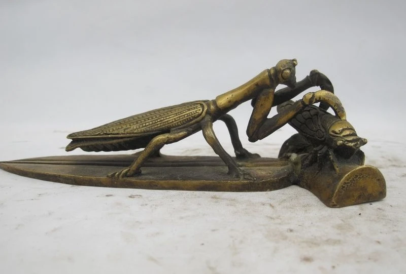 

China Folk Fengshui Bronze Copper Mantis stalks the cicada Lovely Animal Statue a(5.19)