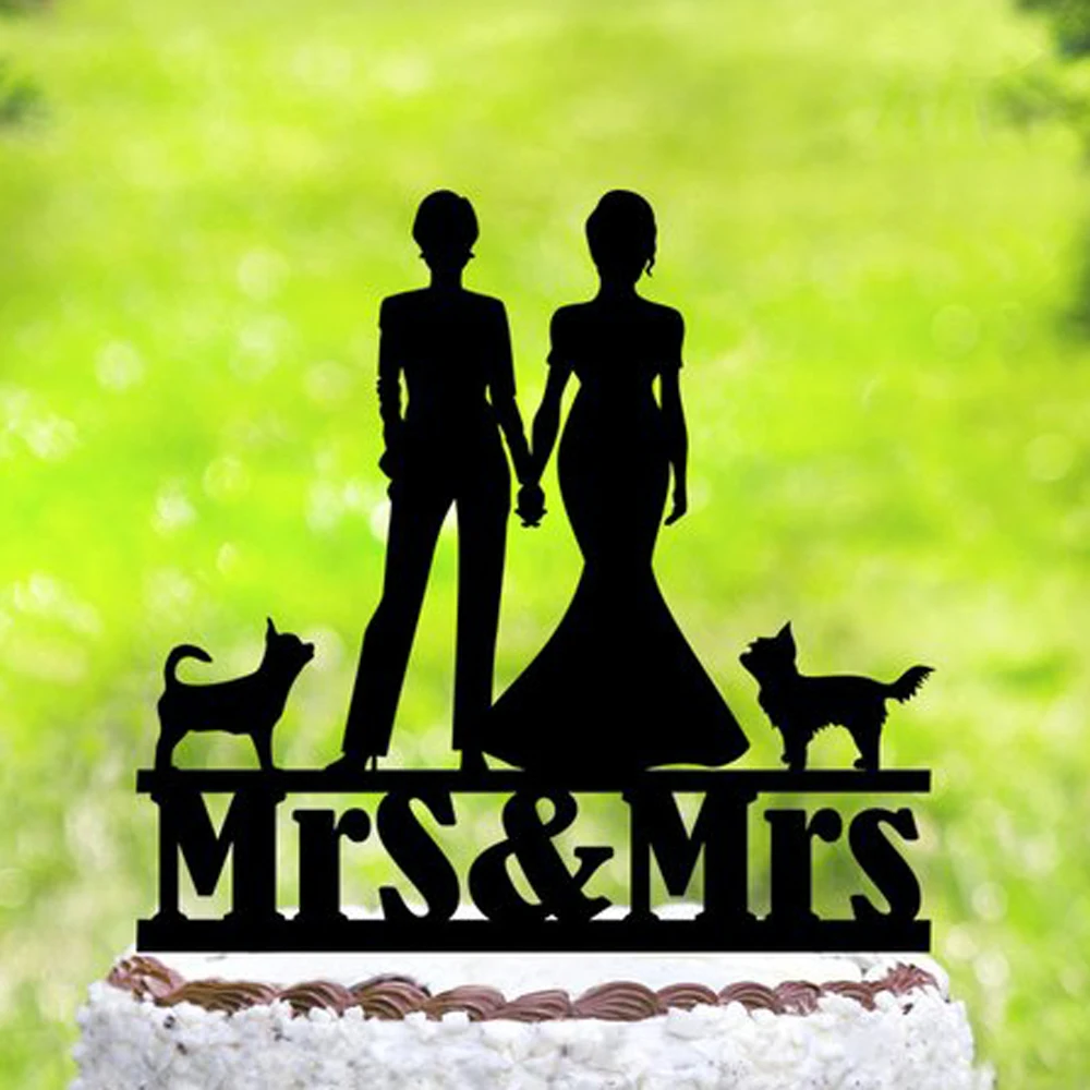 Personalized Lesbian & Dog Cake Topper,Mrs & Mrs with two dogs,Lesbian +Dog Silhouette Cake Topper,Lesbian Couple Cake Topper