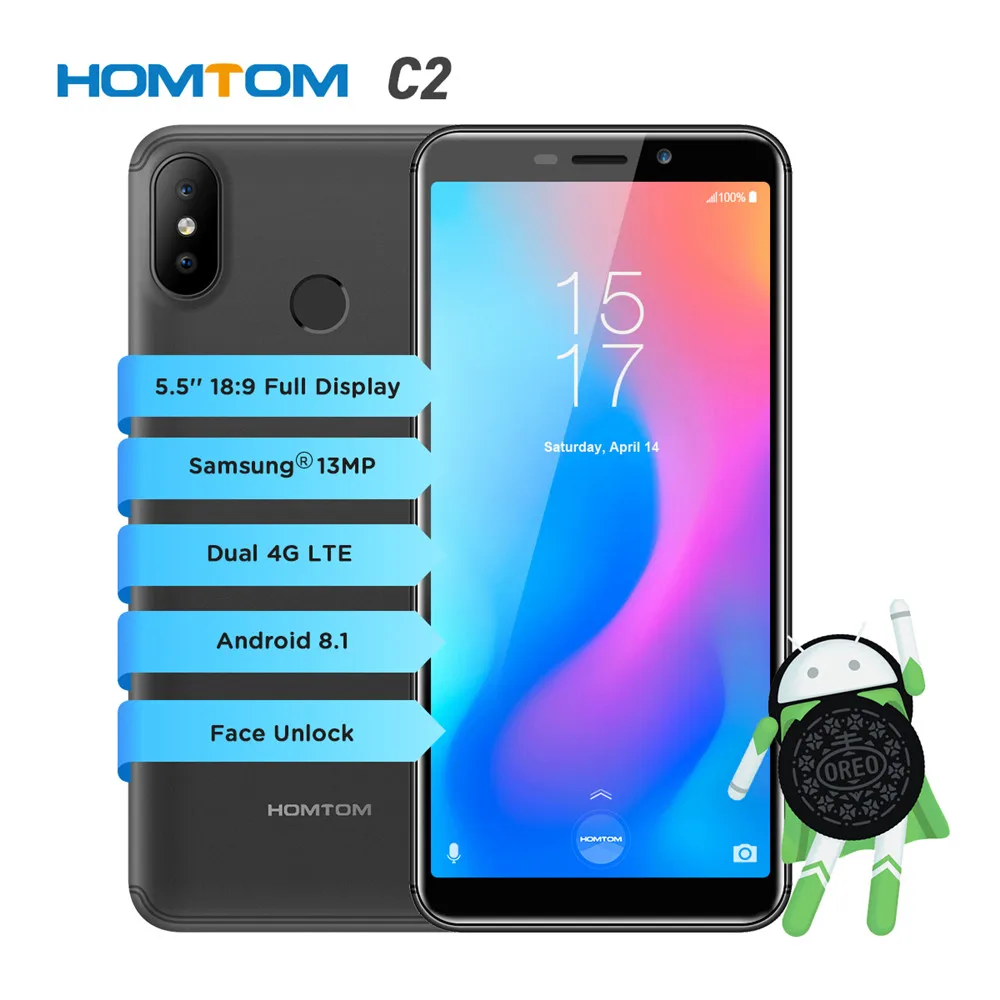 HOMTOM C2 смартфон 18:9 полный Экран MTK6739 Ouad Core 5," отпечатков пальцев 2 ГБ+ 16 GB Двойная камера заднего вида для 13MP+ 8MP 4G мобильный телефон OTG