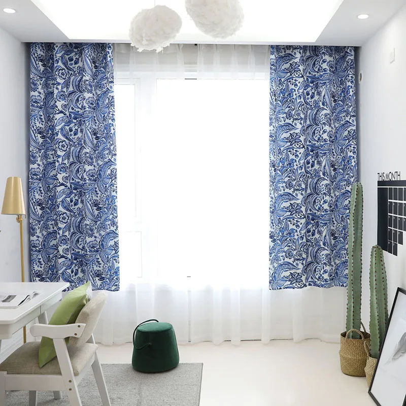 

Nodic Modern Blue Flower Print Blackout Curtain for Livingroom Bedroom Door Window Treatment Drapes Home Decor Shading cortinas