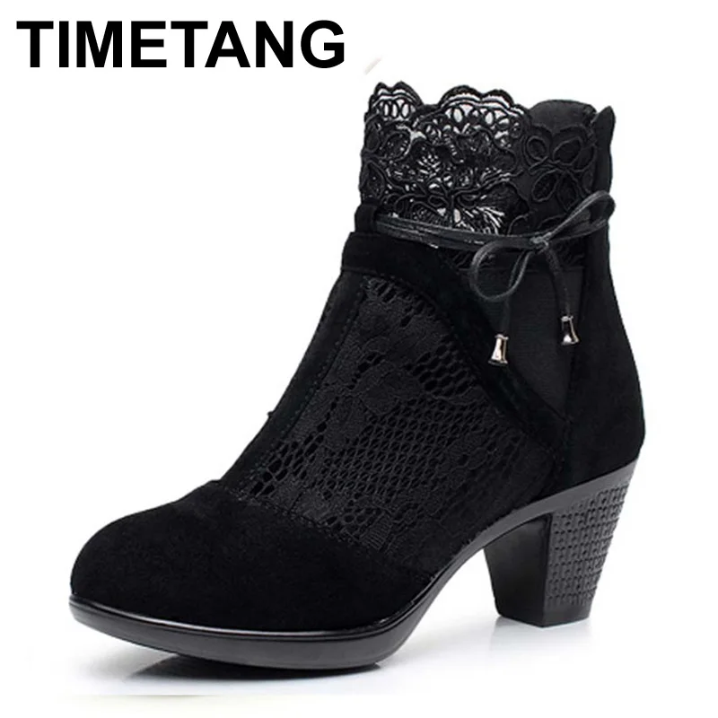 

TIMETANG Genuine leather spring and autumn mar boots medium hells shoes women's