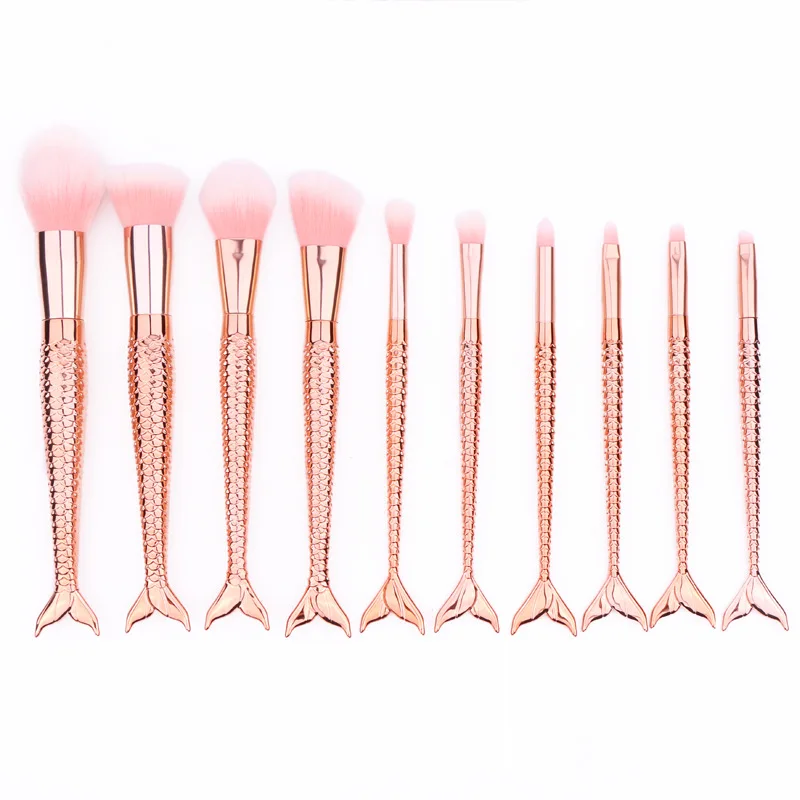 

10Pcs Diamond Rose Gold Makeup Brushes Set Mermaid Fishtail Shaped Foundation Powder Make up Brushes Tools