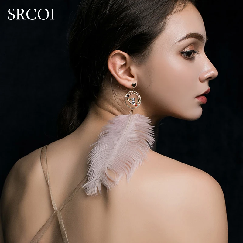 

SRCOI Bohemia Ostrich Feather Long Earrings Korean Ethnic Women Statment Dangle Tassel Earring For Women Dream Catcher Jewelry