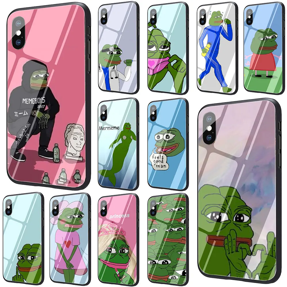 Internet Meme Smug Frog Pepe Tempered Glass TPU Black Case for iPhone X or 10 8 7 6 6S Plus Xr Xs Max