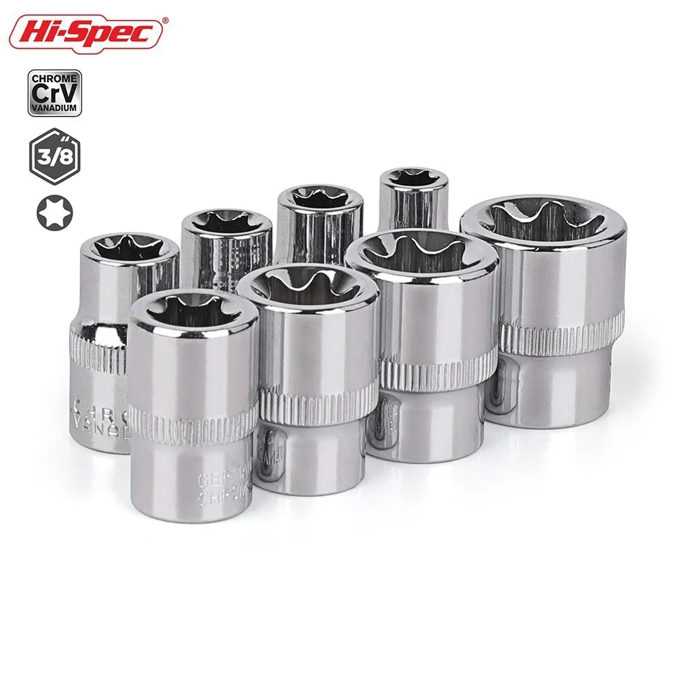 

Hi-Spec 8pc 3/8 E Star Torx Socket Set E8-E20 Adapter Spanner Set for Torque Spanner Mini Ratchet Socket Wrench Repair Hand Tool