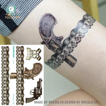 

Rocooart Pistol Taty Vintage Style Temporary Tattoo Stickers For Men Body Art Fake Tattoo Women Tatuagem Brown Color Tatouage