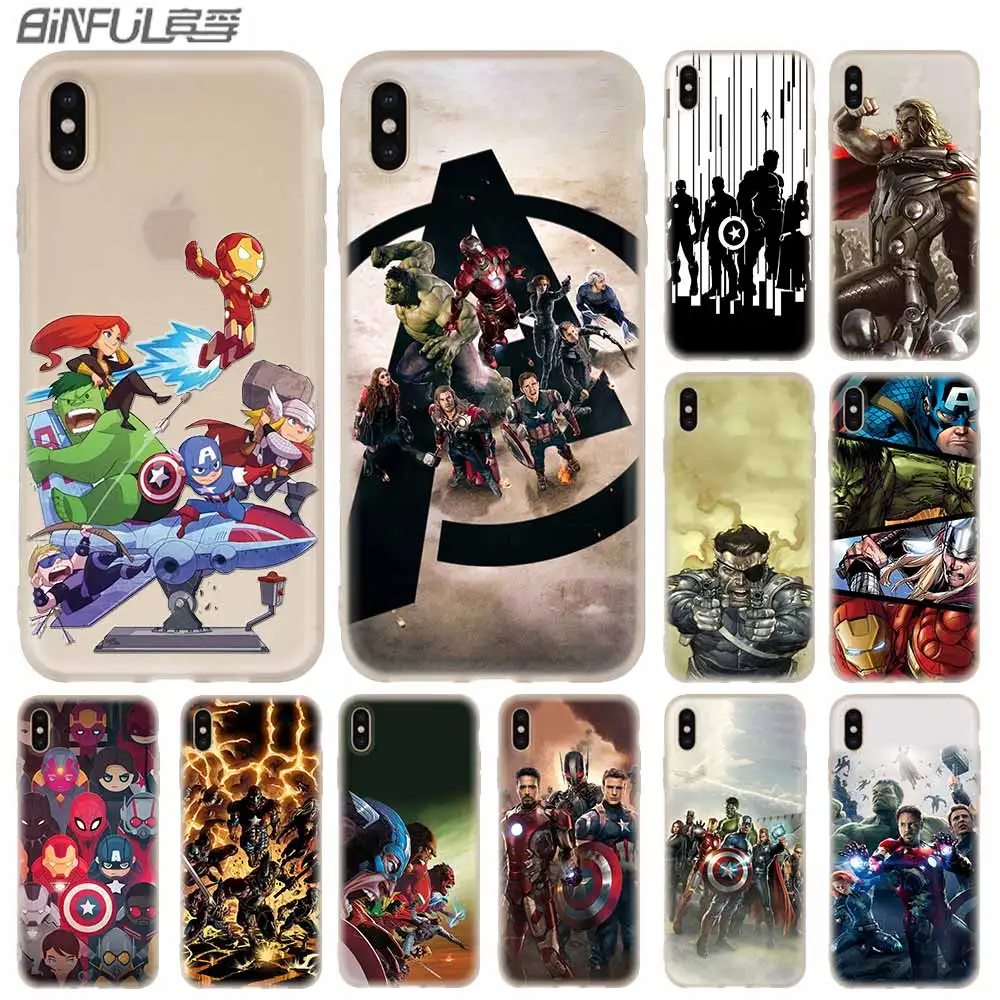 

Cases Silicone soft Cover for iPhone 11 Pro X XS Max XR 6 6S 7 8 Plus 5 4S SE Marvel The Avengers stickers