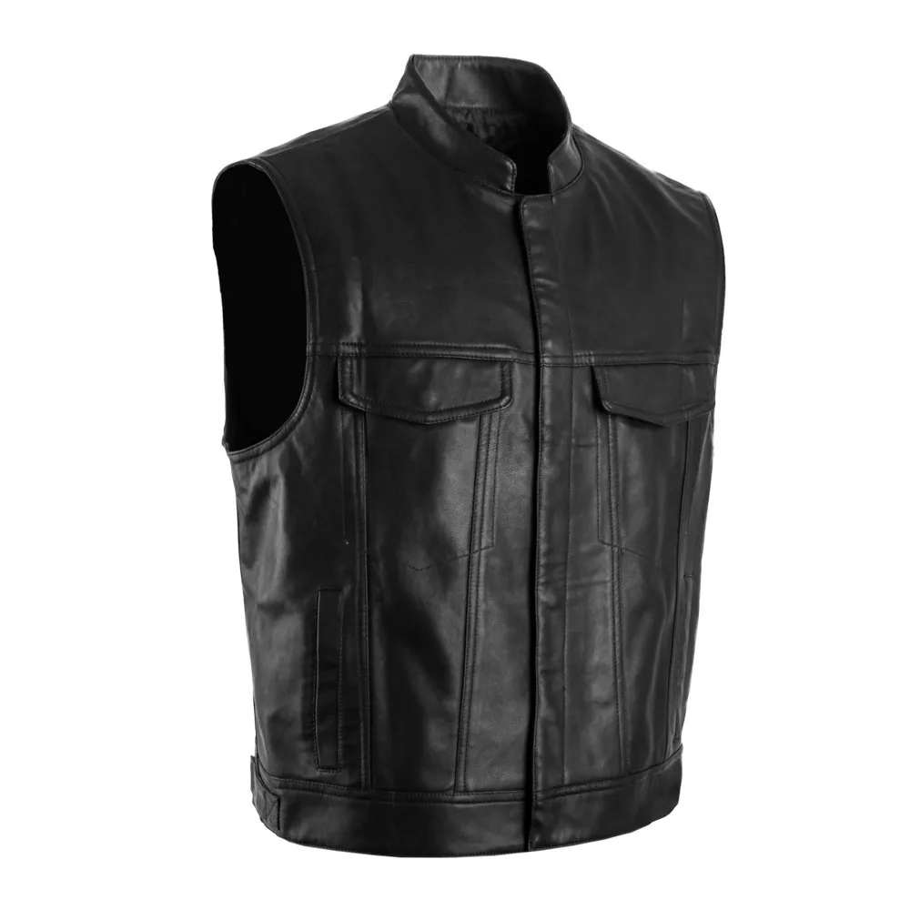 2017 New Son of Anarchy Motorcycle Club PU Leather Stand-up Collar Punk Vest Pure Black Men's Rock Waistcoat