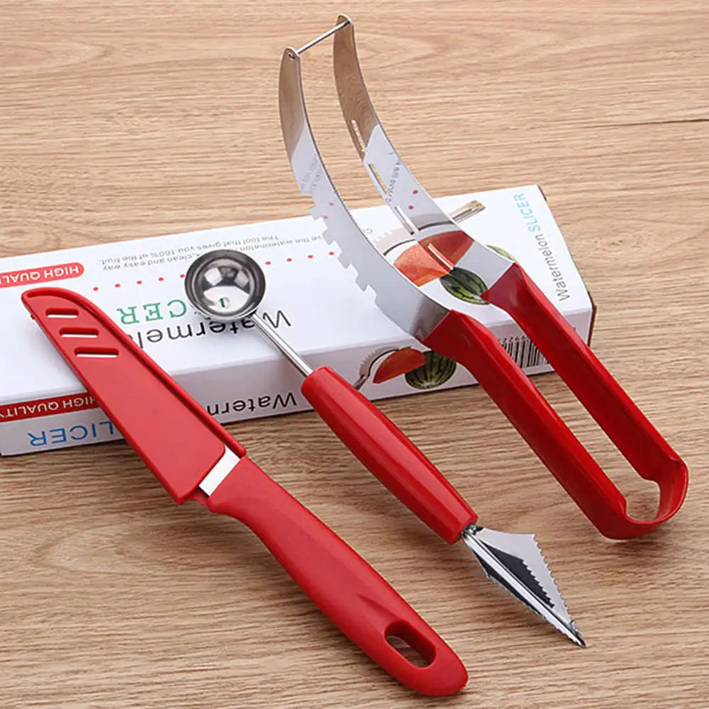 Красная пластиковая ручка копания ложка-шарик арбуз резки фруктов нож резьба нож инструмент для нарезки 3 шт./компл