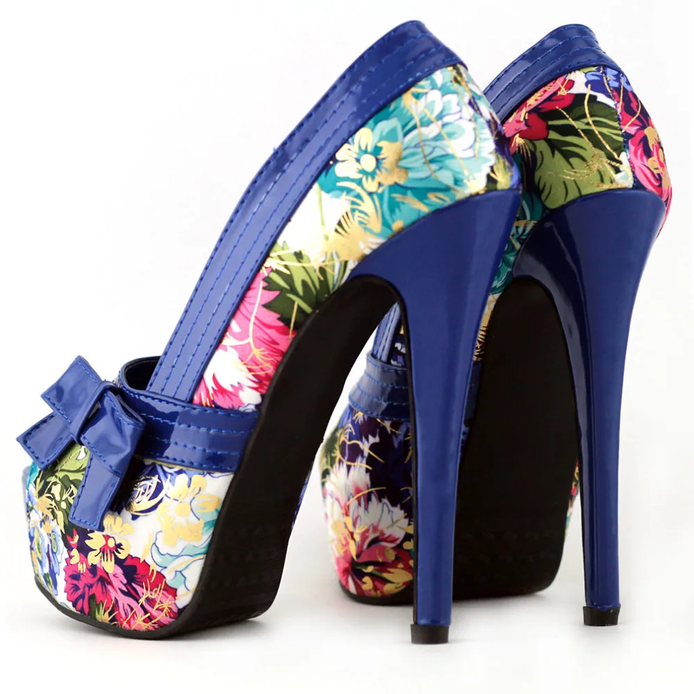 LF80824 синий/бирюзовый цветочный узор с бантом с открытым носком на платформе вечерние туфли-лодочки