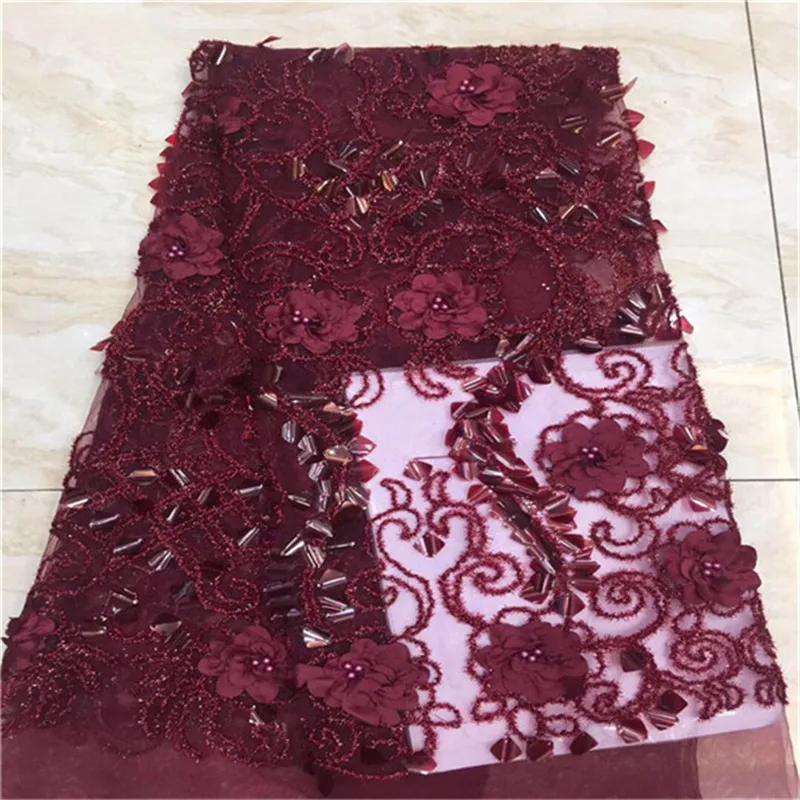 Wine High Quality Nigerian 3D Wedding Lace Fabric Latest African Laces 2019 French Net With beads Sequins for Dress | Дом и сад
