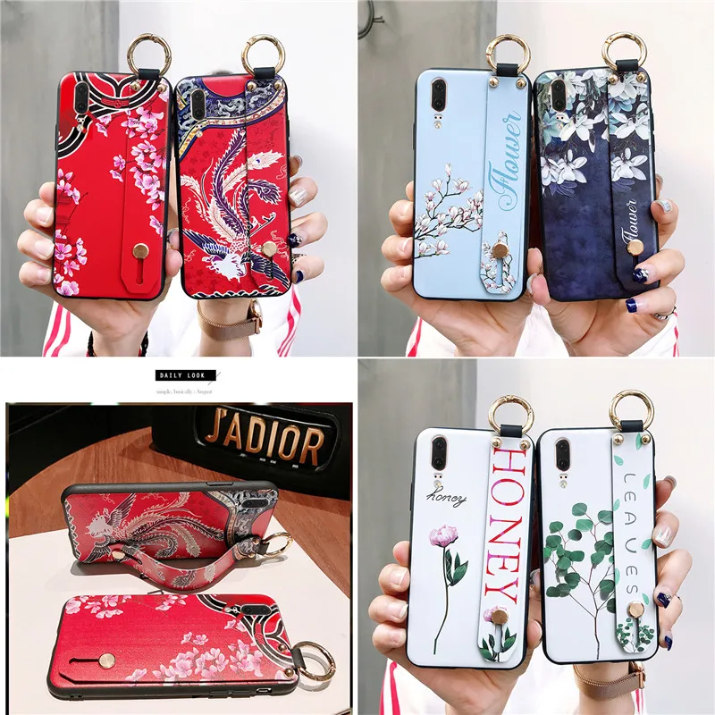 

JeKacci Wrist Strap Soft TPU Phone Case For Huawei P20 P30 Pro Mate 20 Nova 3 3i 3e 4 4e Honor 10 Vintage Flower Holder Case