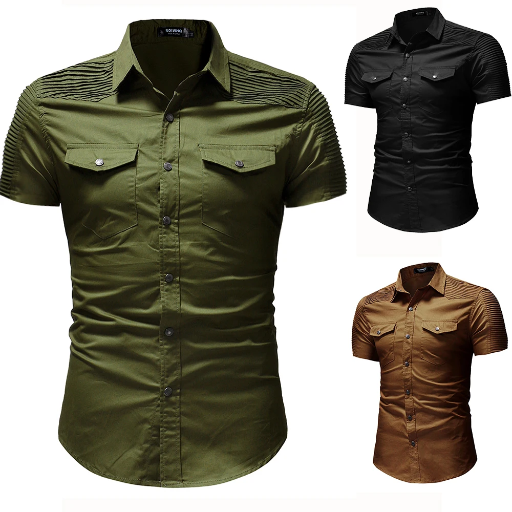 

New foreign trade folds stitching denim shirt short sleeve shirt men clothing 2018 men shirts large size M-XXXL