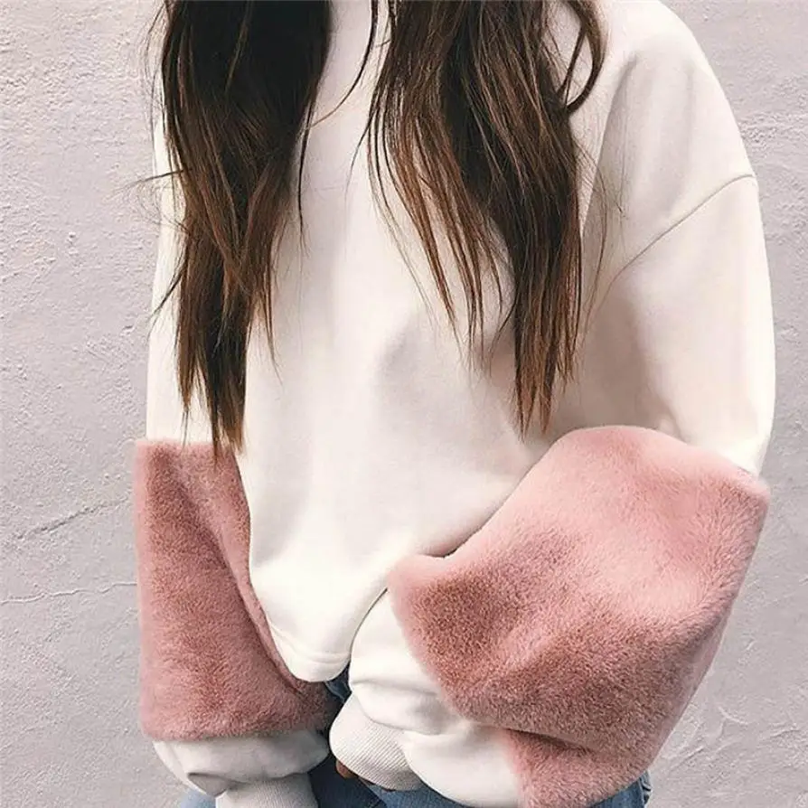 

Women's Lantern Sleeve Pullovers Tops Fashion Sweatshirt Women Sweatshirt Patchwork Cashmere Hoodies