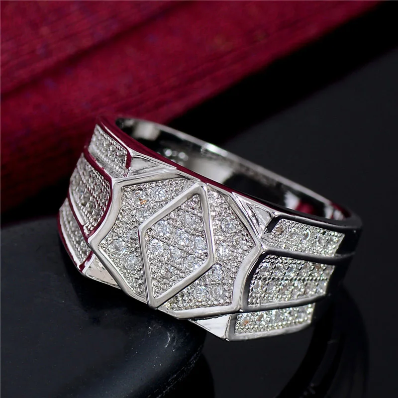 

SHUANGR Hot Selling Luxury Men's Silver Color Ring Shiny Cubic Zirconia Wedding Party Jewelry Beautiful Birthday Wholesale