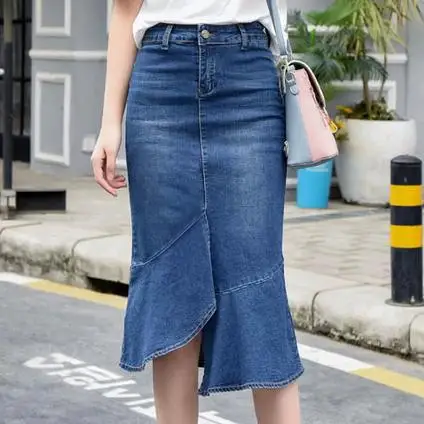 

plus size 9XL!2019 Spring fashion Women Skirt High Waist Ruffles Silm package hip Knee-length Blue Denim Mermaid Skirt