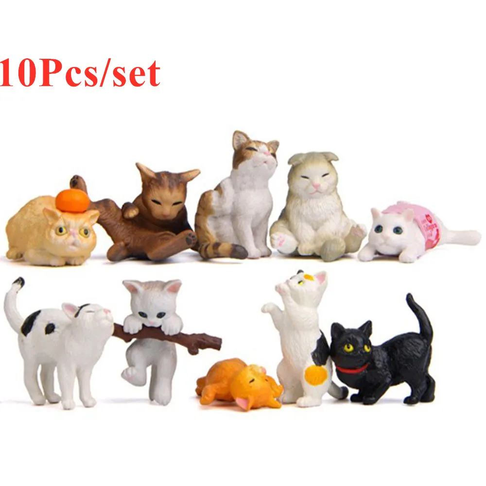 

10pc/set Playing Cat Figurine Miniature Lifelike Kitten Animal Decoration Mini Fairy Garden Cartoon Statue Craft Home Decorative