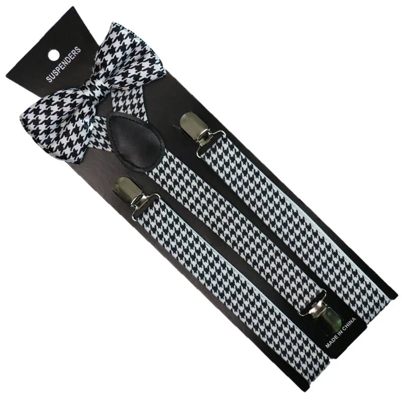 Winfox модные черный, белый цвет Хаундстут галстук бабочка и комплекты с подвязками для wo для мужчин