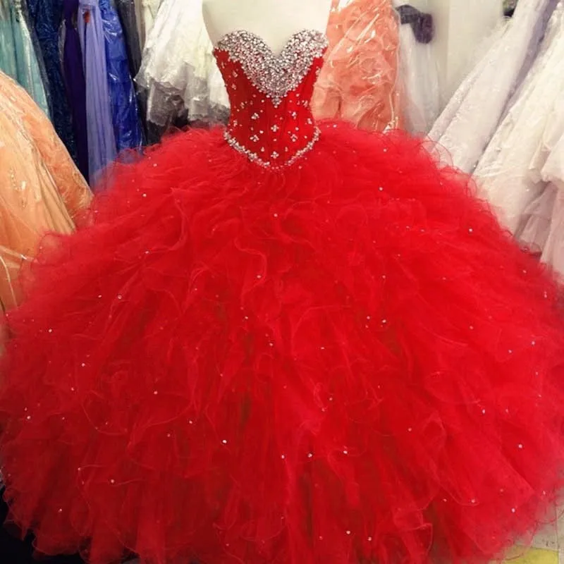 Высокое качество, Красное Бальное Платье, бальные платья, украшенные бисером и кристаллами, с оборками, милые 16 платьев для 15 лет, вечерние платья QA865