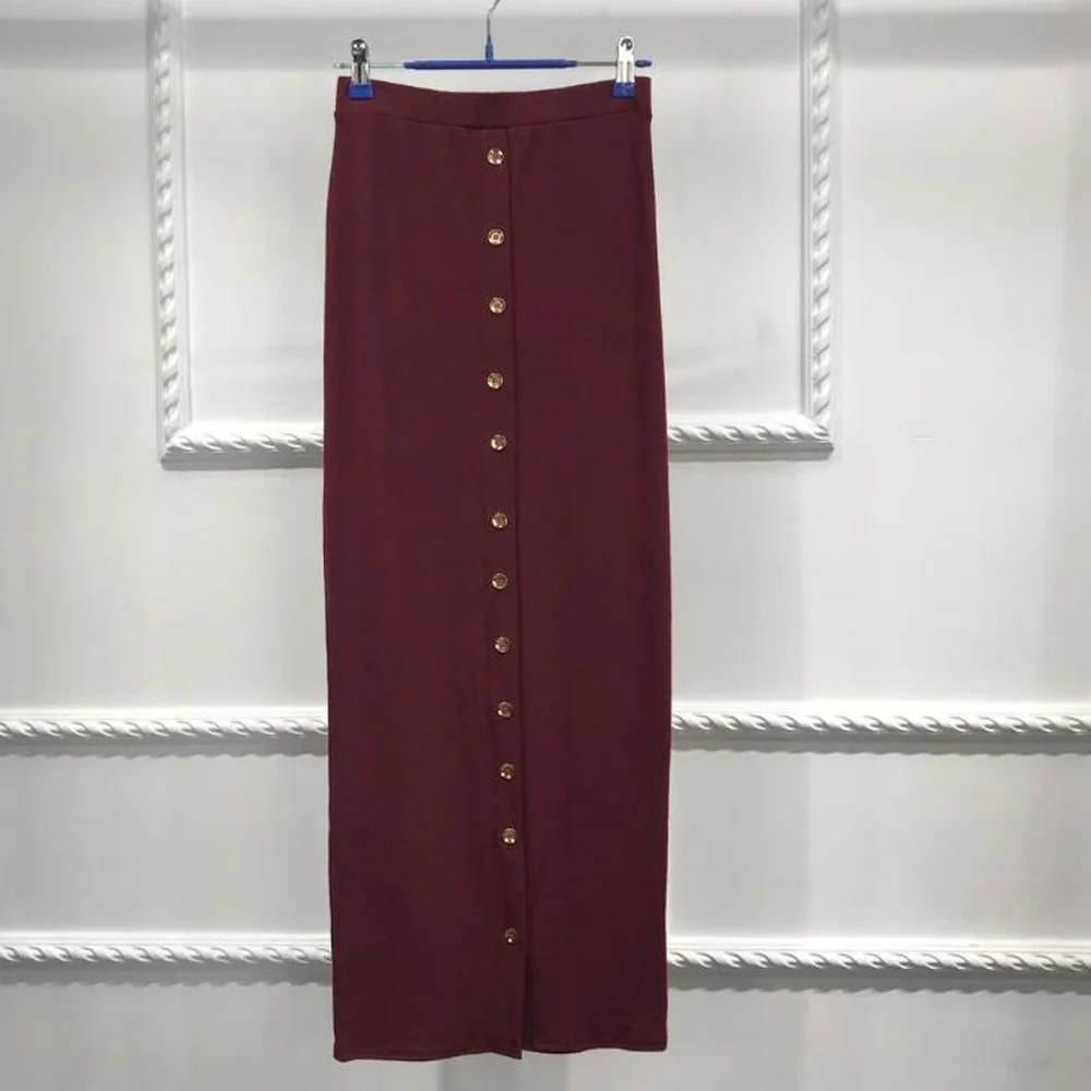 Длинные юбки для женщин, мусульманская юбка-карандаш, высокая талия, повседневная винтажная Красная Женская пуговица, мусульманская бандажная облегающая юбка Falda