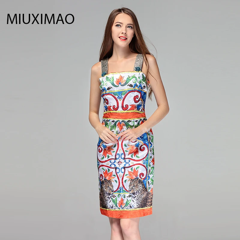 

2018 High Quality Spring&Summer Newest Cute Style Square Collar Sleeveless Leopard Print Diamonds Elegant Slim Dress Women