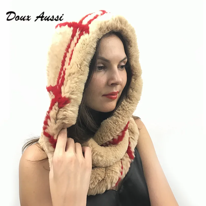 

DOUX AUSSI Knitted Rex Rabbit Fur Hat 2017 Fashion Plaid Casual Skullies Beanies Rabbit Fur Russian Hat Real Fur Scarf Hat Set