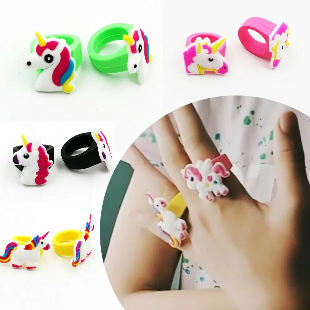 

2/10Pcs Children Kids Girls Creative Cartoon Unicorn Soft Silica Gel Finger Ring Party Jewelry Accessories Decoration