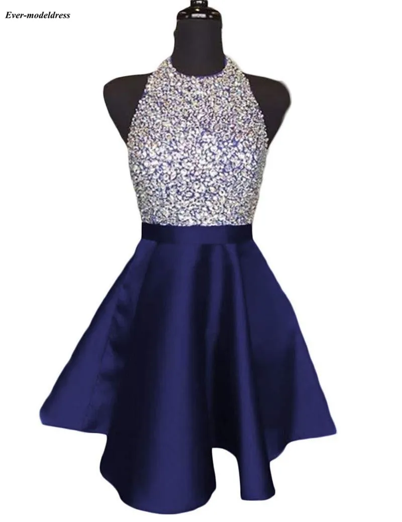 Royal Blue Sparkly Graduation Dresses Halter Backless Beading Short Homecoming Party Dresses vestido de formatura