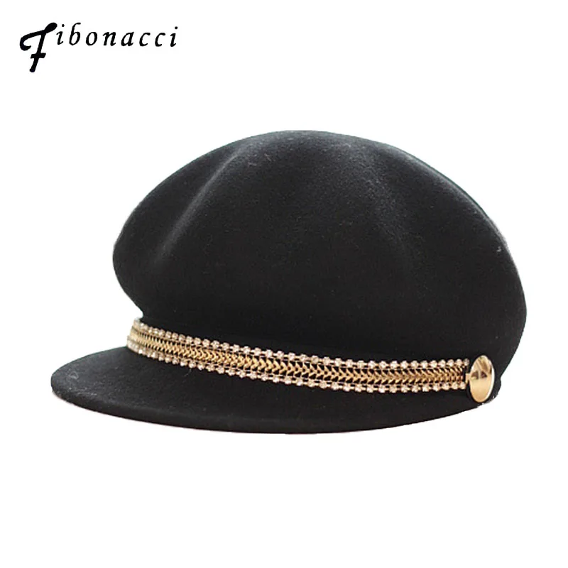 

Fibonacci 2018 New Wool Felt Hat for Women Equestrian Knight Cap Fashion Rhinestone Chain Octagonal Concave Convex Fedora Hat