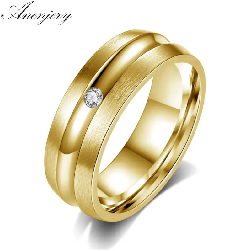 

Anenjery Newest Fashion Titanium Steel Gold Color Round Small Zircon Ring For Women and Men Wedding Rings anel