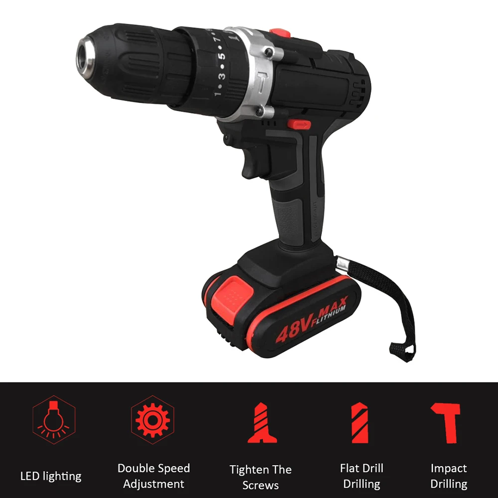 

48V Electric Impact Cordless Drill High-power Rechargeable with 2 Lithium Battery Wireless Hand Drills Home Electric Power Tools