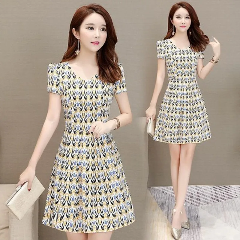 

2019 Summer New Short-sleeved Printed Fashion Chiffon Women Dress Temperament High Waist Thin Dress Female
