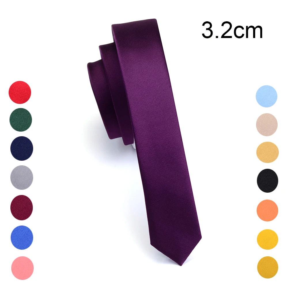 GUSLESON Super Slim Tie 3cm Satin Red Yellow Black Solid Ties Handmade Fashion Men Skinny Narrow Necktie For Wedding Party