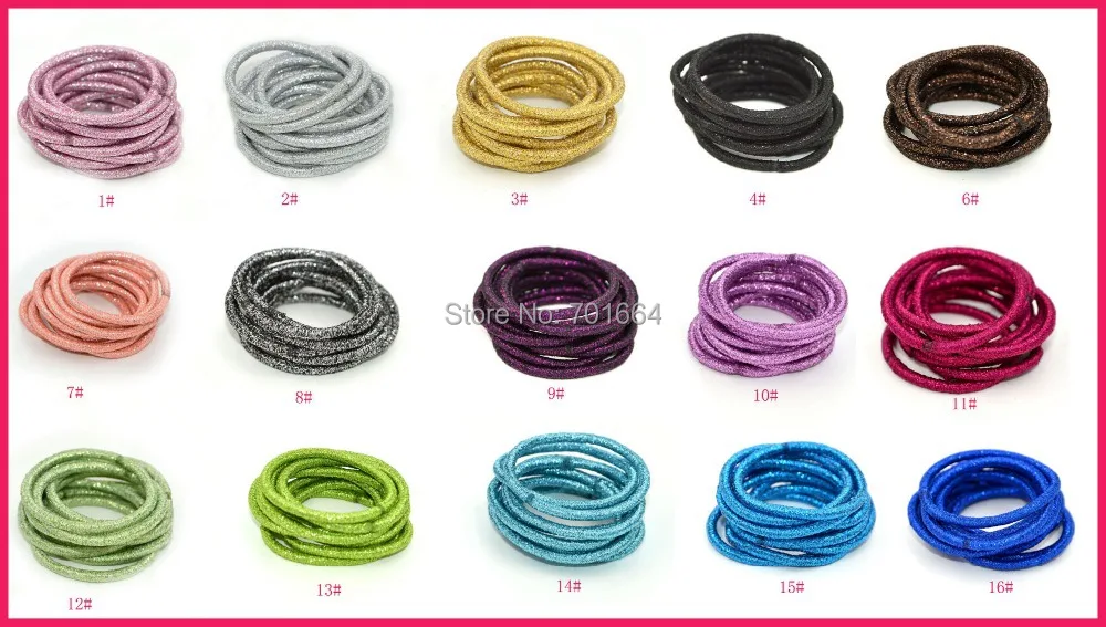 

100PCS Assorted Colors 4mm glitter elastic ponytail holders with gluing connection,bling bling elastic hair ties