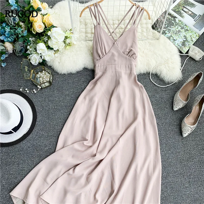 

RUGOD Maxi dress solid backless tied strap summer dress high waist a line loose party dress modis femme vestido verano 2019