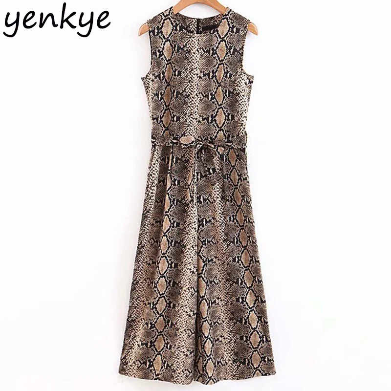 

Women Sexy Sleeveless Snake Print Jumpsuit Female O Neck With Belt Casual Long rompers womens jumpsuit XQB8123