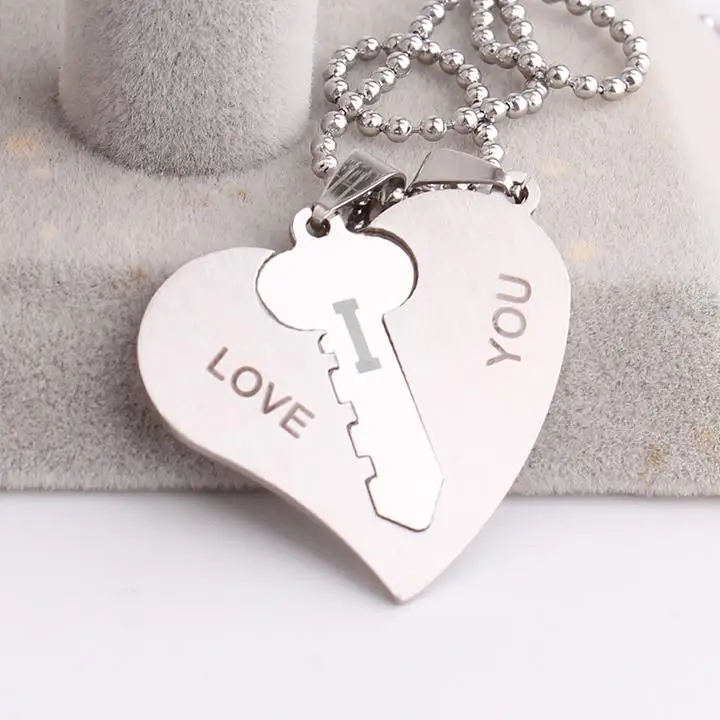 

free shipping Lovers hearts and key LOVE YOU 316L Stainless Steel pendant necklaces for men women wholesale