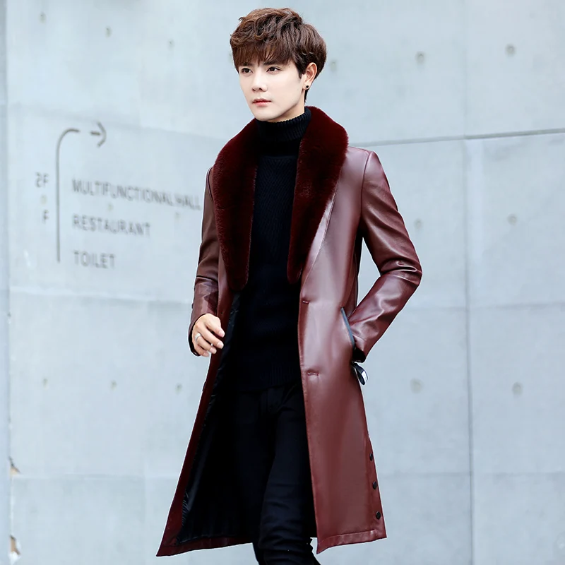 Fur Collar Leather Jackets Mens Fur Trench Coats Mens Long Coats Mens Burgundy Long Trench Coats Black Manteau Long Homme White