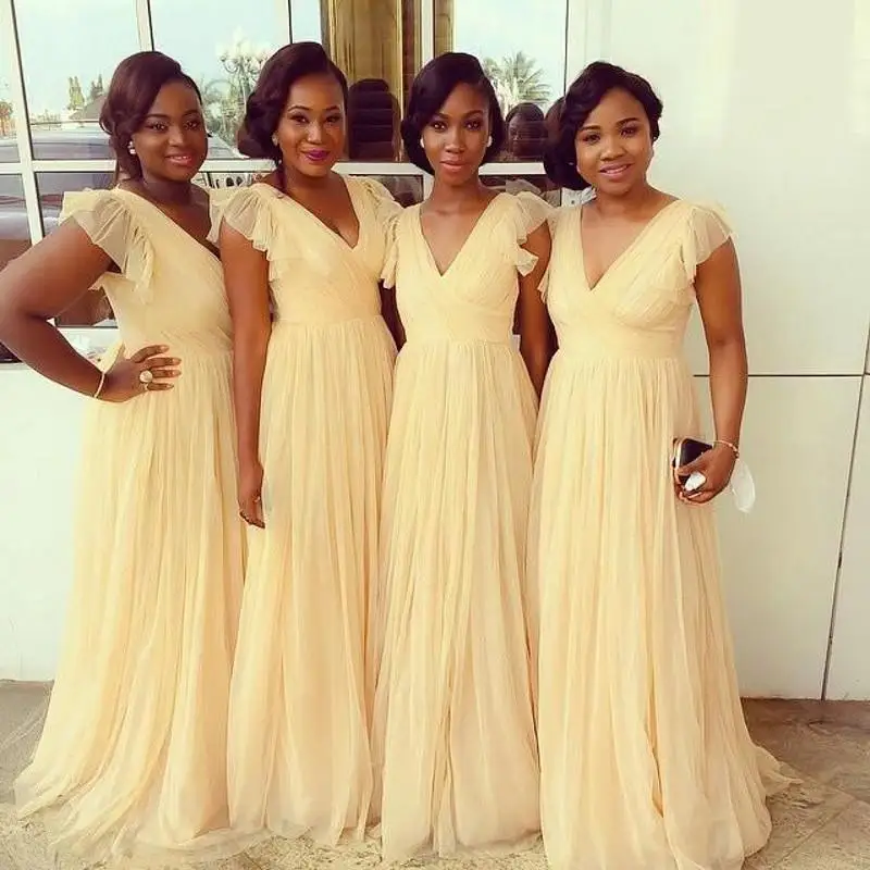 Light Yellow Chiffon Beach Bridesmaid Dresses Plus Size Cap Sleeve