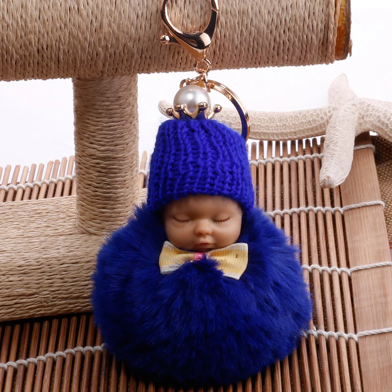 

New Sleeping Baby Doll Pompom Rabbit Fur Ball Key Chain Car Women Holder Bag Pendant Charm Jewelry Accessory Gift 6C0831