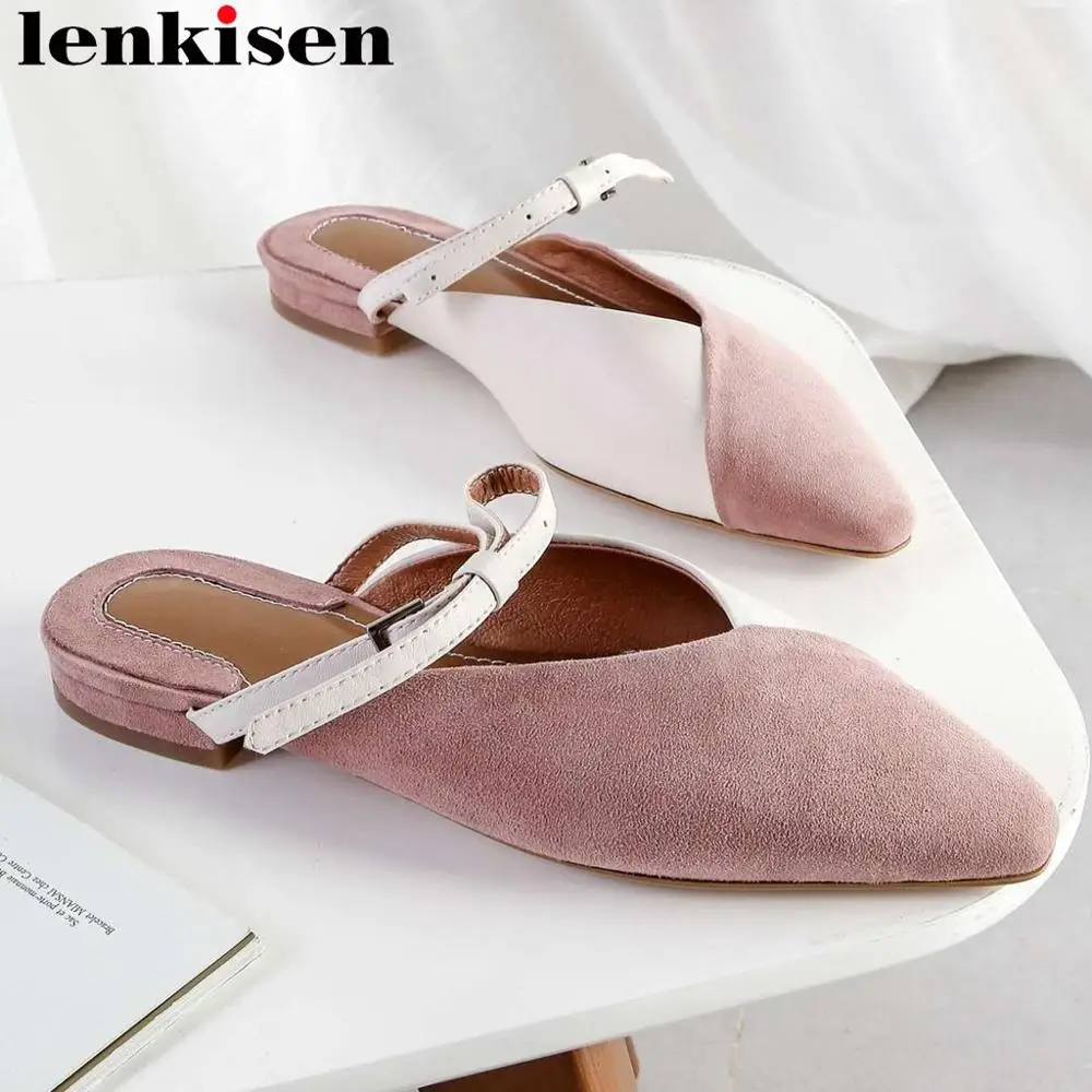 

Lenkisen mixed colors full grain leather slip on mules square toe simple style low heels leisure pregnant women slippers L69