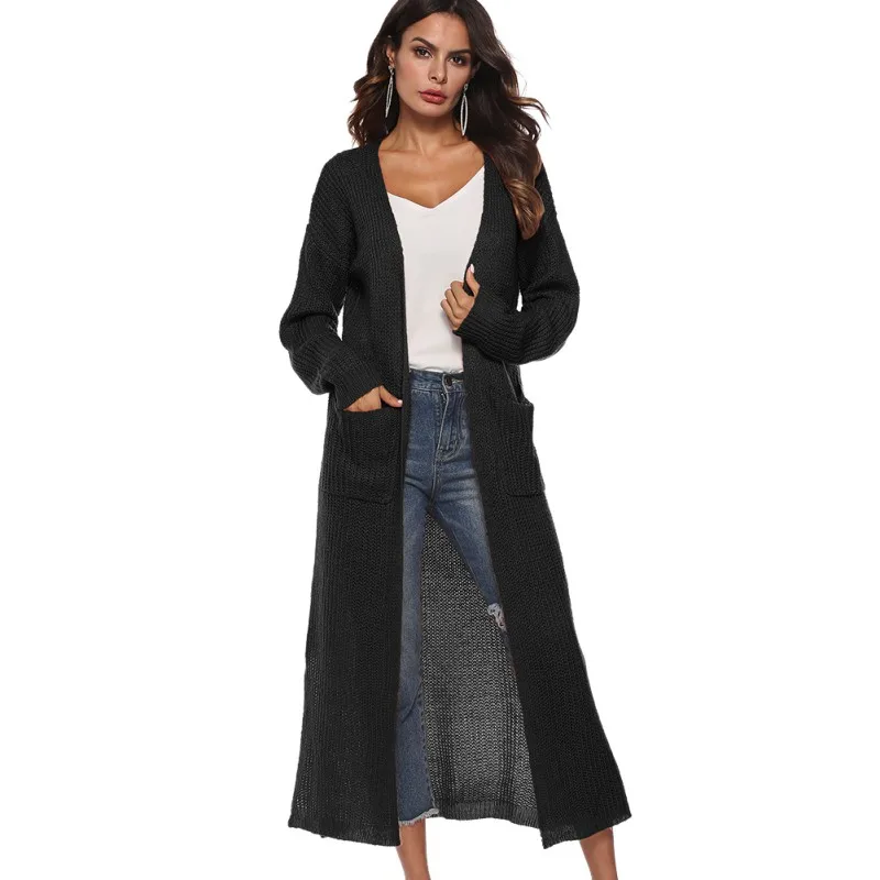 Свитер женский длинный кардиган плюс размер одежда с длинным рукавом свитер Свободный асимметричный подол Женская верхняя одежда черный серый свитер M - Цвет: Черный