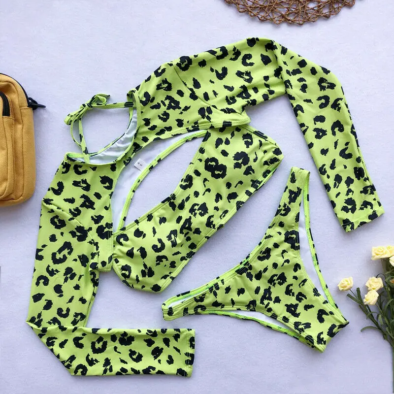 Неоновое зеленое леопардовое бикини с длинным рукавом, женский купальник, комплект бикини, сексуальный купальник для женщин, бразильский купальник, одежда для плавания, пляжная одежда - Цвет: Зеленый