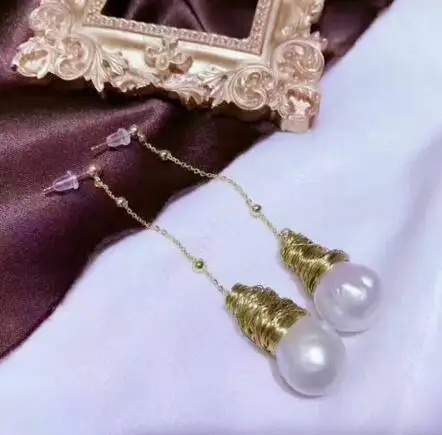 

free shipping>>>>noble jewelry CHAMING south sea NATURAL WHITE pearl earring yellow gold